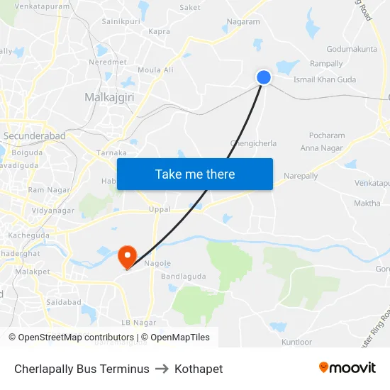 Cherlapally Bus Terminus to Kothapet map