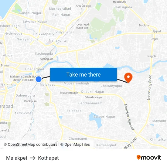 Malakpet to Kothapet map
