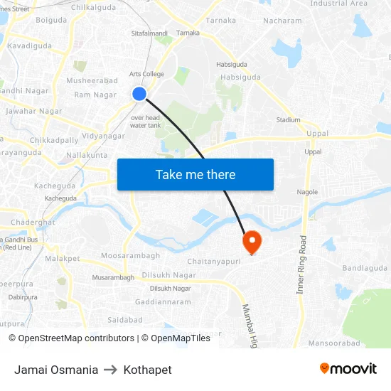 Jamai Osmania to Kothapet map