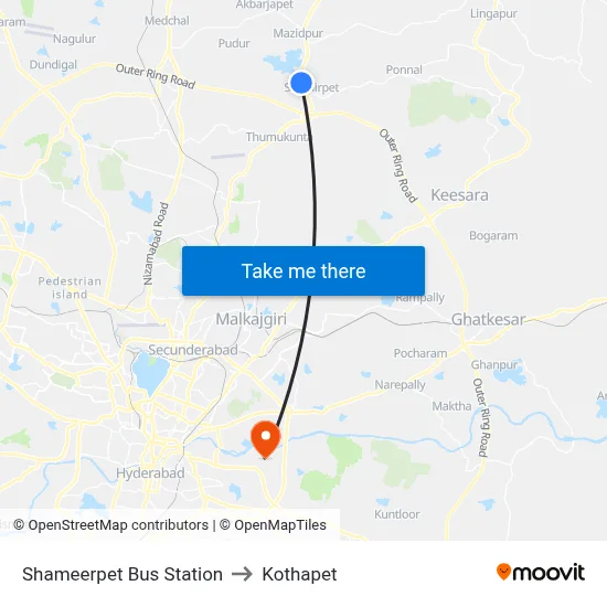 Shameerpet Bus Station to Kothapet map