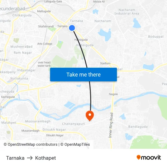 Tarnaka to Kothapet map