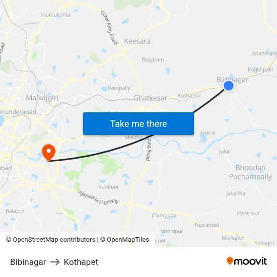 Bibinagar to Kothapet map