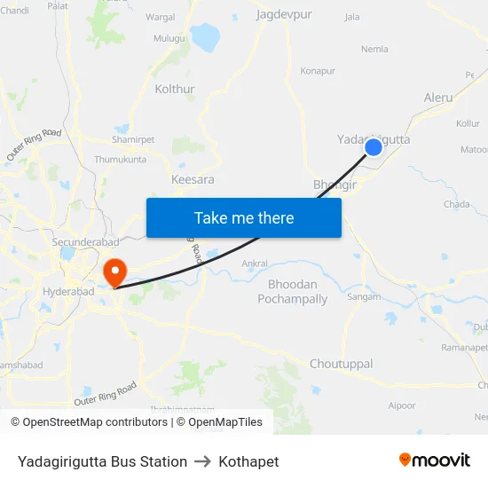 Yadagirigutta Bus Station to Kothapet map