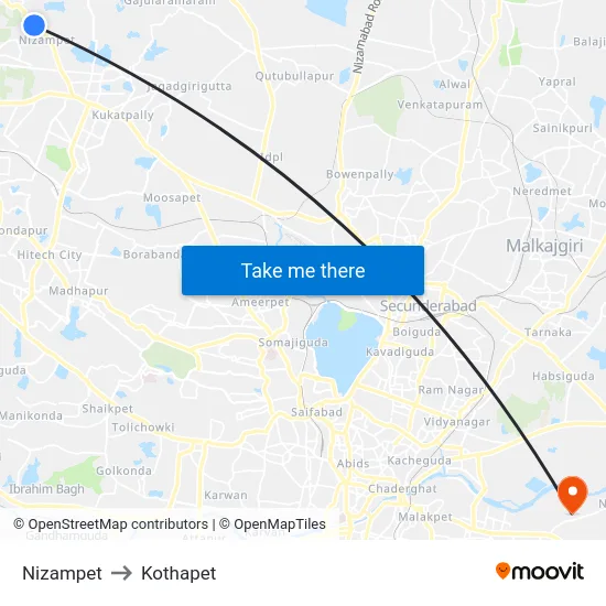 Nizampet to Kothapet map