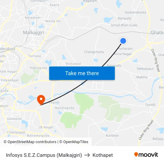 Infosys S.E.Z.Campus (Malkajgiri) to Kothapet map