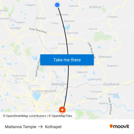 Mallanna Temple to Kothapet map