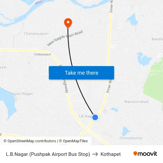 L.B.Nagar (Pushpak Airport Bus Stop) to Kothapet map