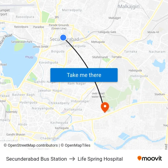 Secunderabad Bus Station to Life Spring Hospital map