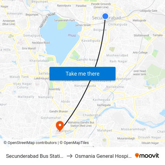Secunderabad Bus Station to Osmania General Hospital map