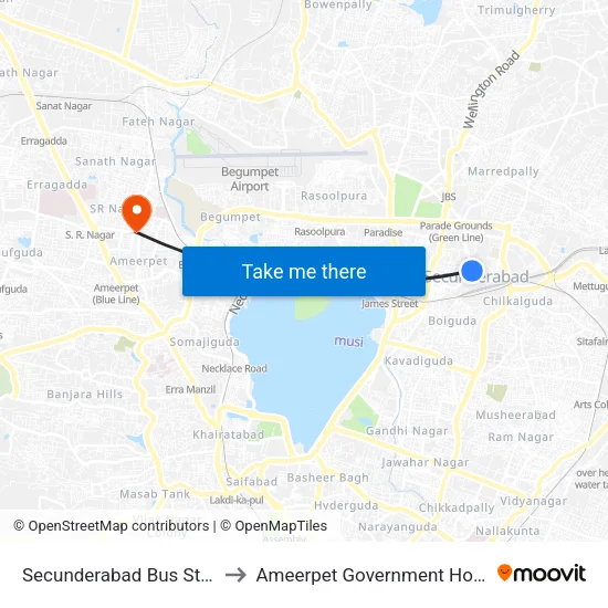 Secunderabad Bus Station to Ameerpet Government Hospital map