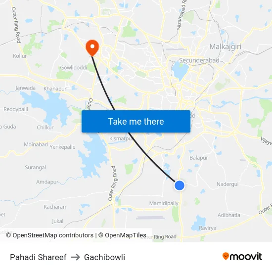 Pahadi Shareef to Gachibowli map