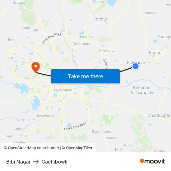 Bibi Nagar to Gachibowli map