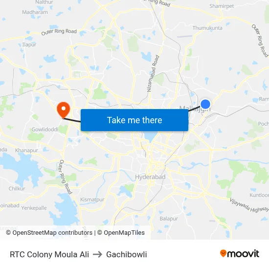 RTC Colony Moula Ali to Gachibowli map