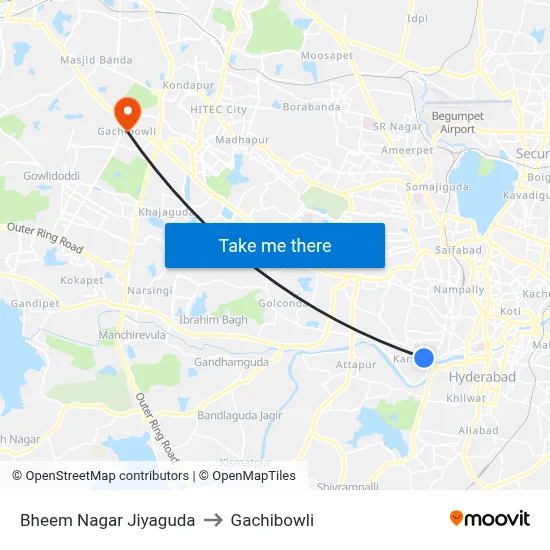 Bheem Nagar Jiyaguda to Gachibowli map