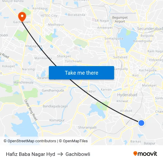 Hafiz Baba Nagar Hyd to Gachibowli map