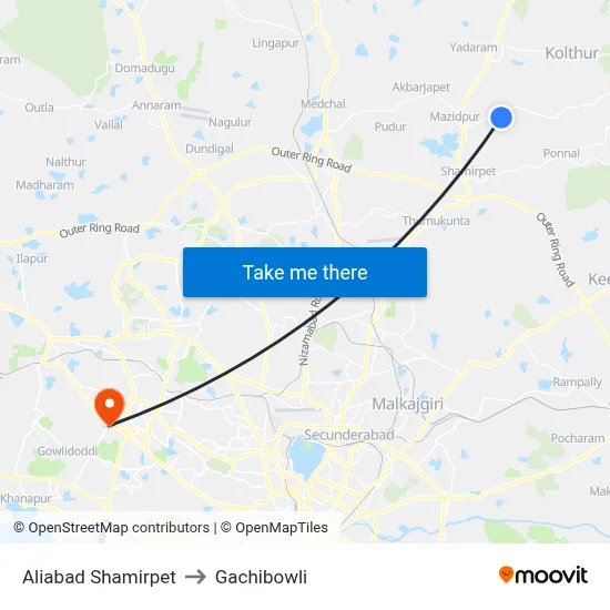 Aliabad Shamirpet to Gachibowli map