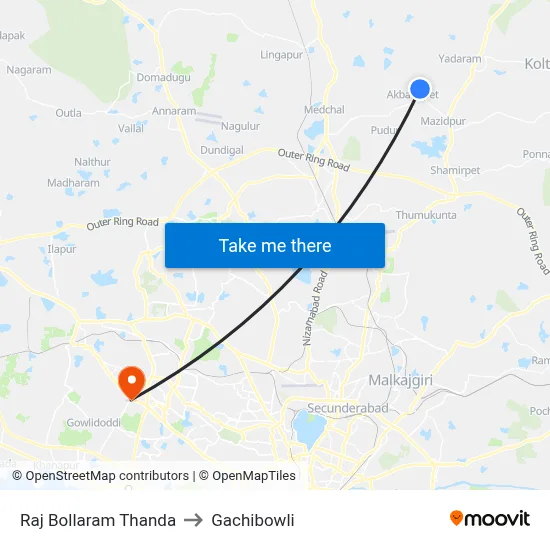 Raj Bollaram Thanda to Gachibowli map