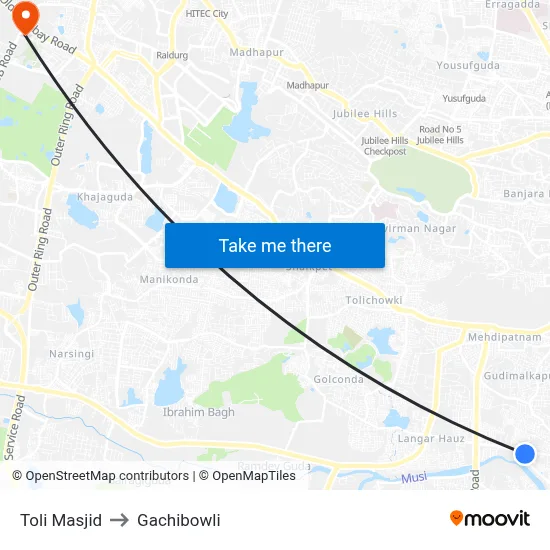Toli Masjid to Gachibowli map