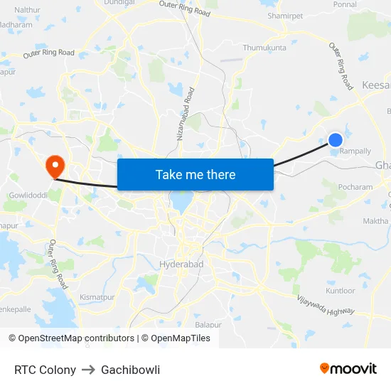 RTC Colony to Gachibowli map