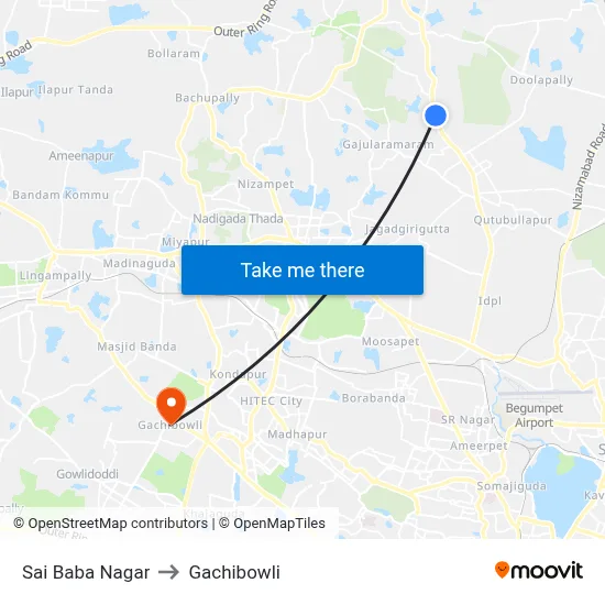 Sai Baba Nagar to Gachibowli map