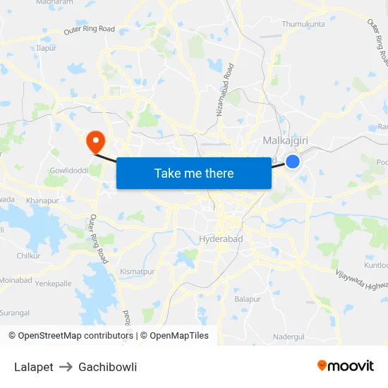 Lalapet to Gachibowli map
