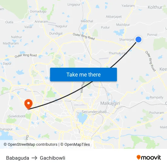 Babaguda to Gachibowli map