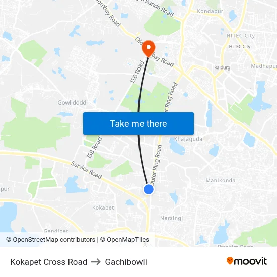 Kokapet Cross Road to Gachibowli map
