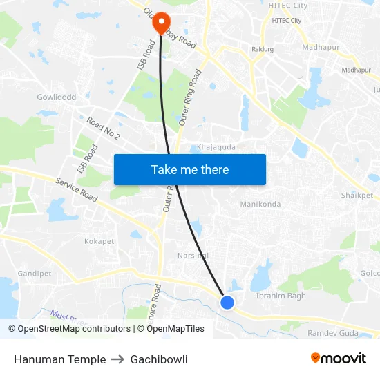 Hanuman Temple to Gachibowli map