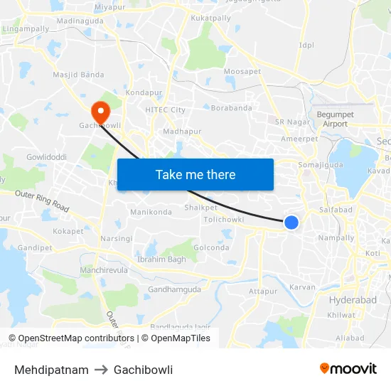 Mehdipatnam to Gachibowli map