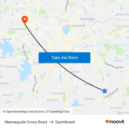 Manneguda Cross Road to Gachibowli map