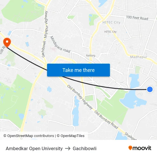 Ambedkar Open University to Gachibowli map