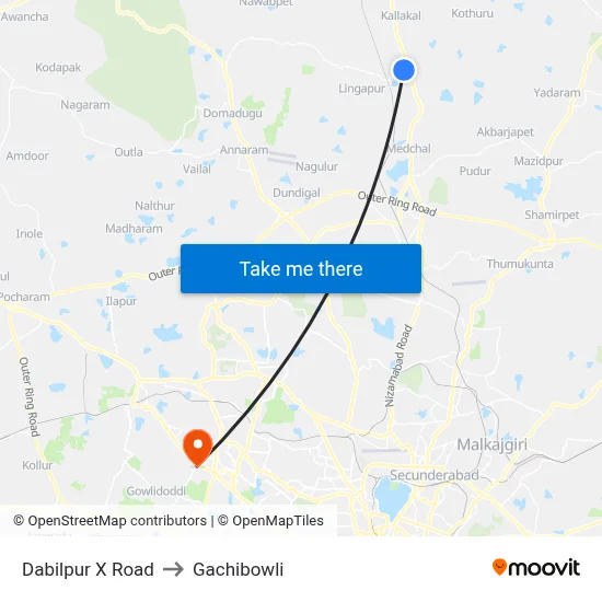 Dabilpur X Road to Gachibowli map