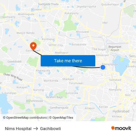 Nims Hospital to Gachibowli map