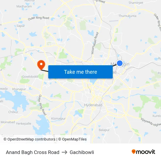 Anand Bagh Cross Road to Gachibowli map