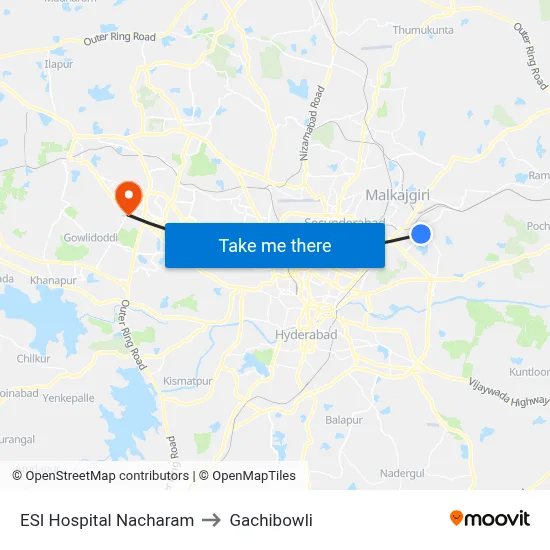 ESI Hospital Nacharam to Gachibowli map