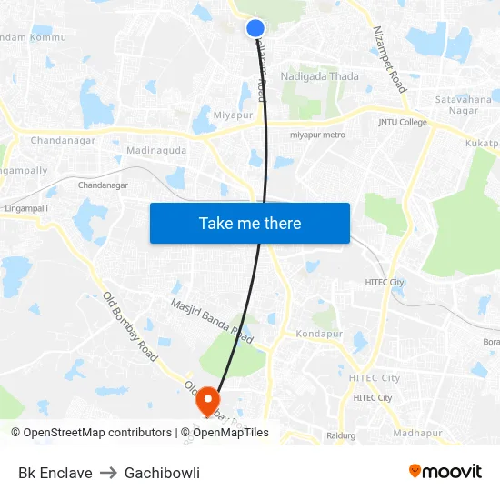 Bk Enclave to Gachibowli map