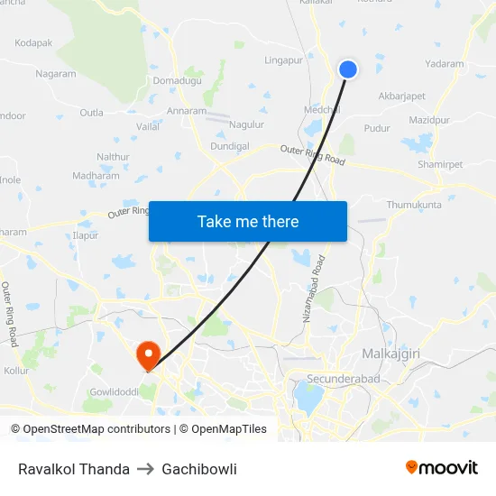 Ravalkol Thanda to Gachibowli map