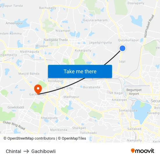 Chintal to Gachibowli map