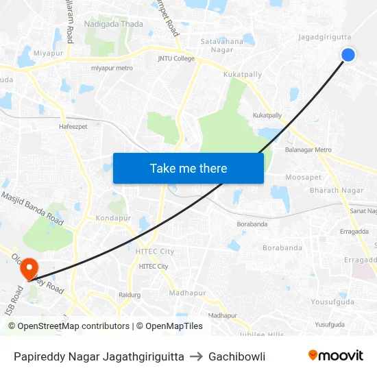 Papireddy Nagar Jagathgiriguitta to Gachibowli map
