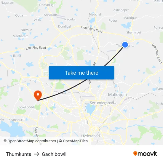 Thumkunta to Gachibowli map