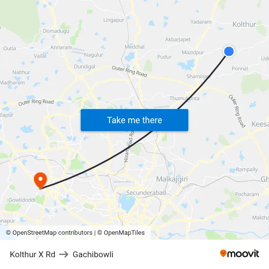 Kolthur X Rd to Gachibowli map