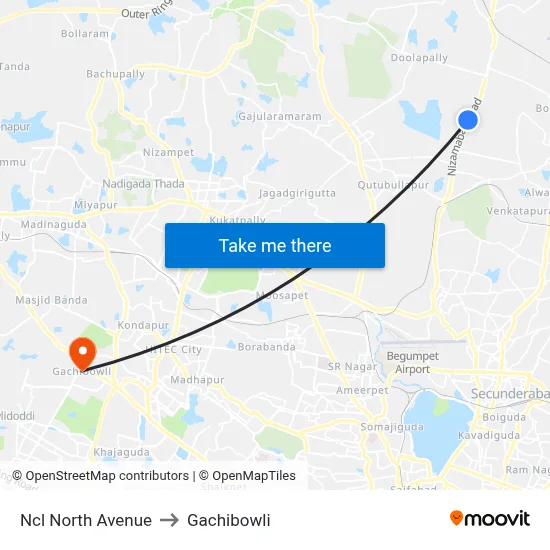 Ncl North Avenue to Gachibowli map