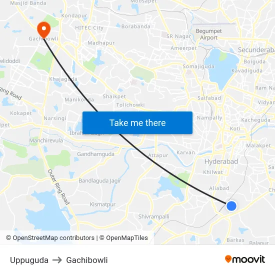 Uppuguda to Gachibowli map