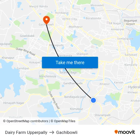 Dairy Farm Upperpally to Gachibowli map