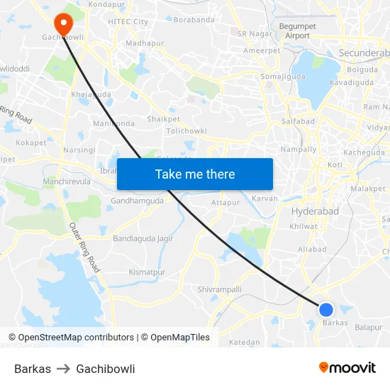 Barkas to Gachibowli map