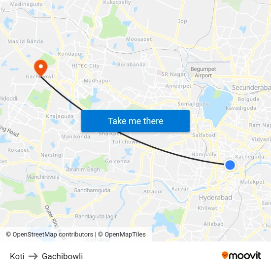 Koti to Gachibowli map