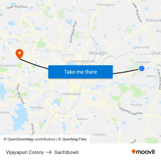 Vijayapuri Colony to Gachibowli map