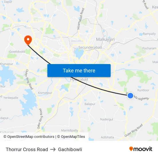 Thorrur Cross Road to Gachibowli map