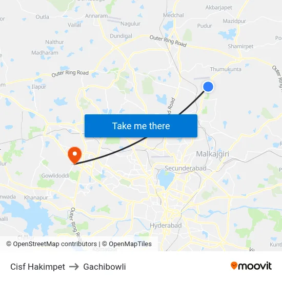 Cisf Hakimpet to Gachibowli map