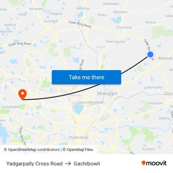 Yadgarpally X Rd to Gachibowli map